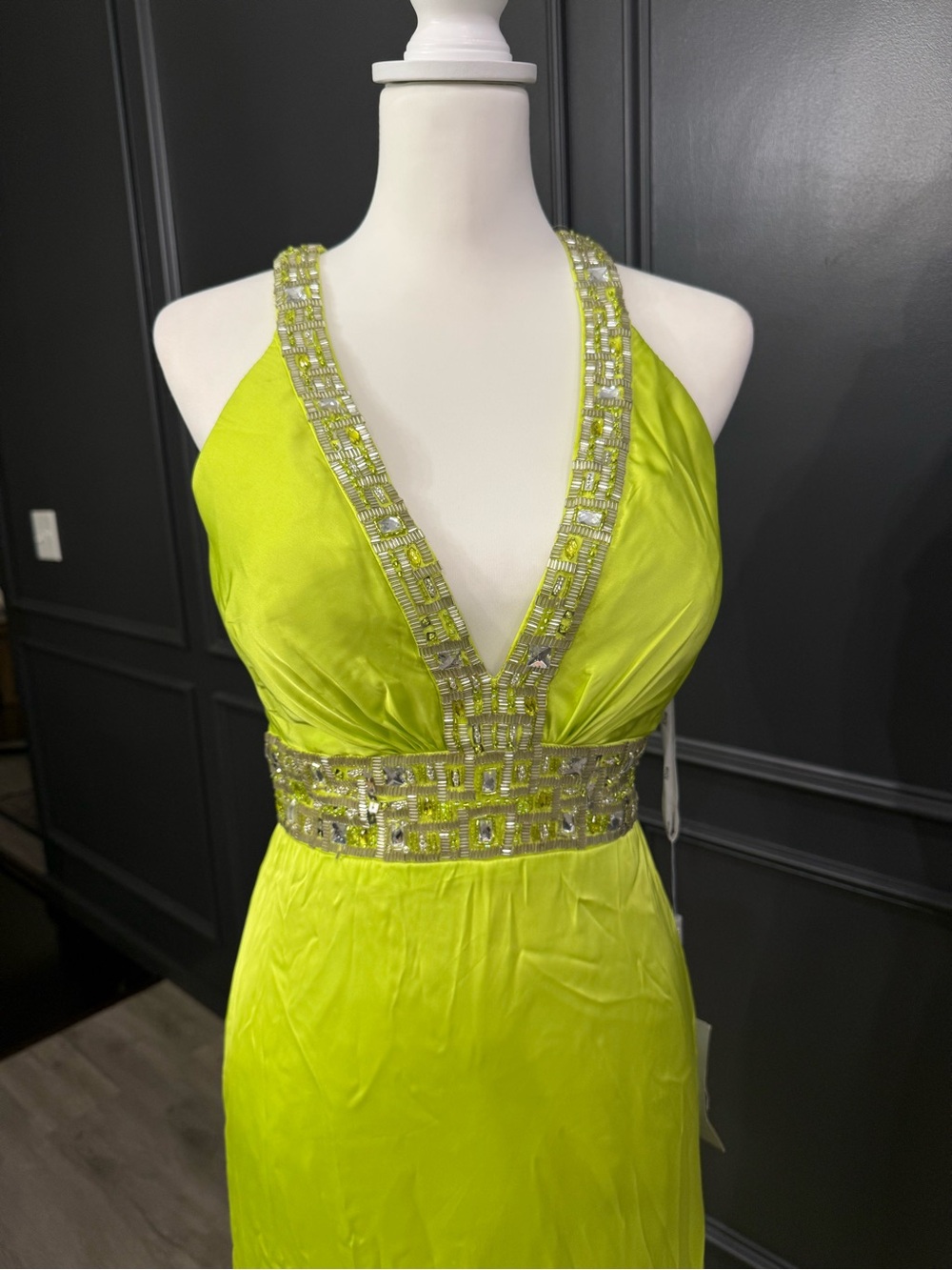 Rina diMontella Neon Lime Beaded Halter Prom Dress